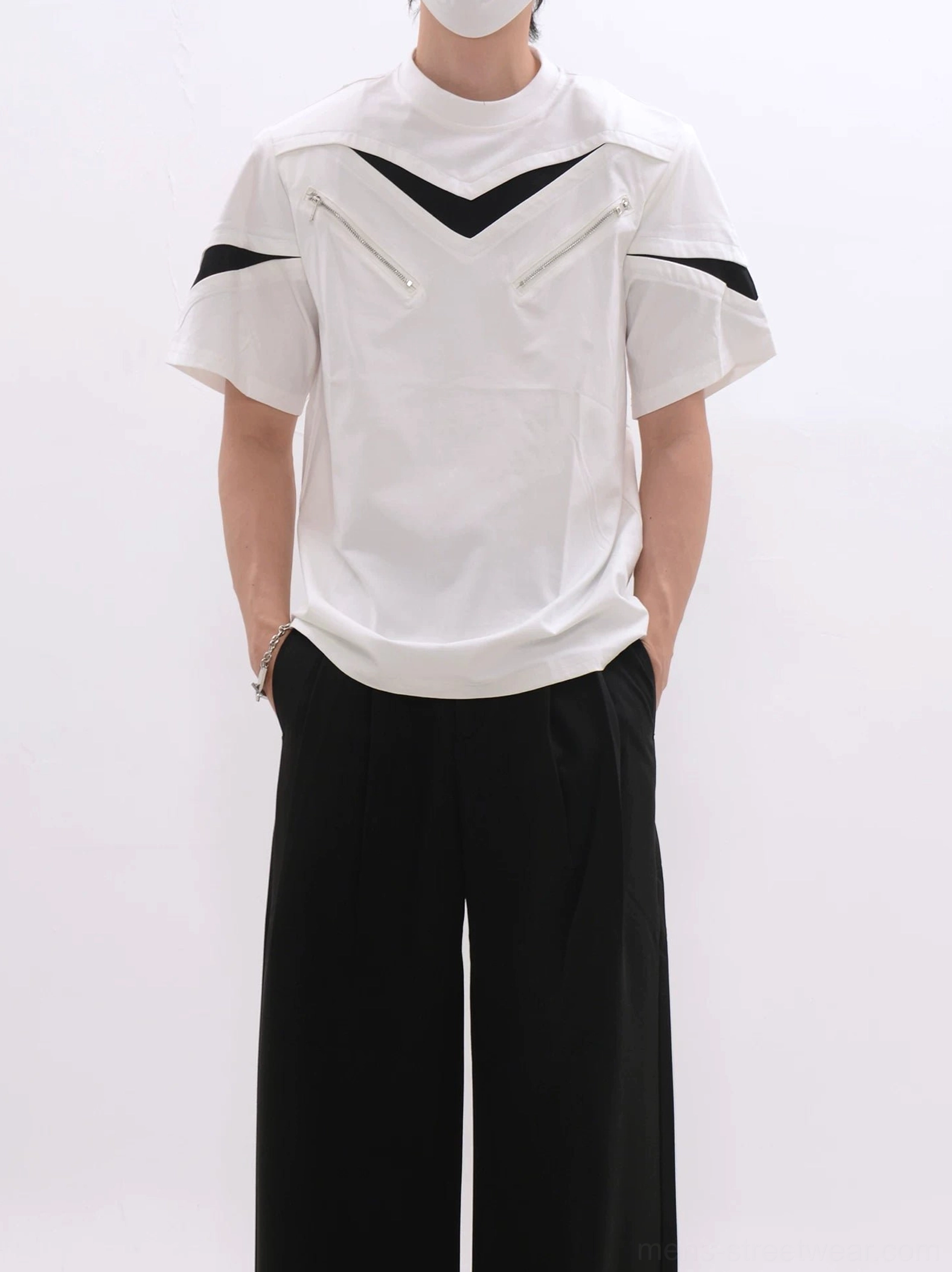 White short-sleeve techwear zip panel T-shirt with mesh upper chest insert and diagonal zipper details front view