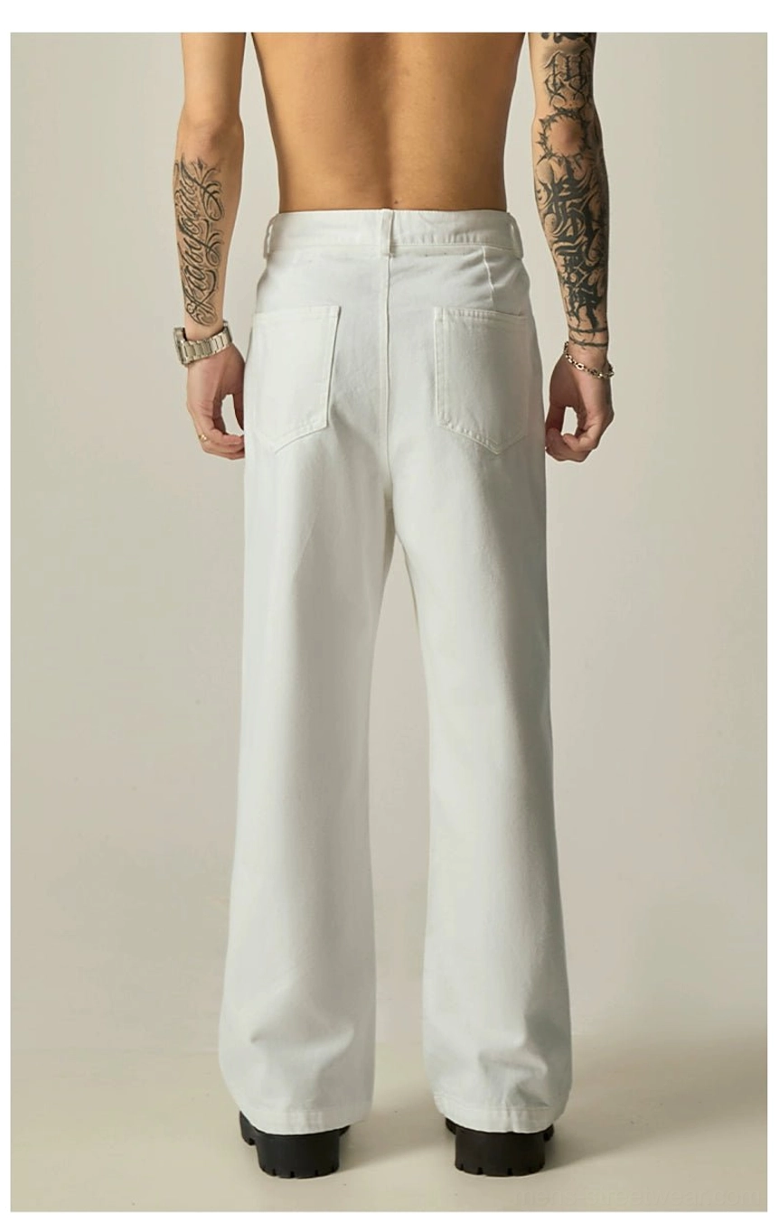 White ultra-wide cotton jeans rear detail showing waistband, back pockets, and straight wide hem