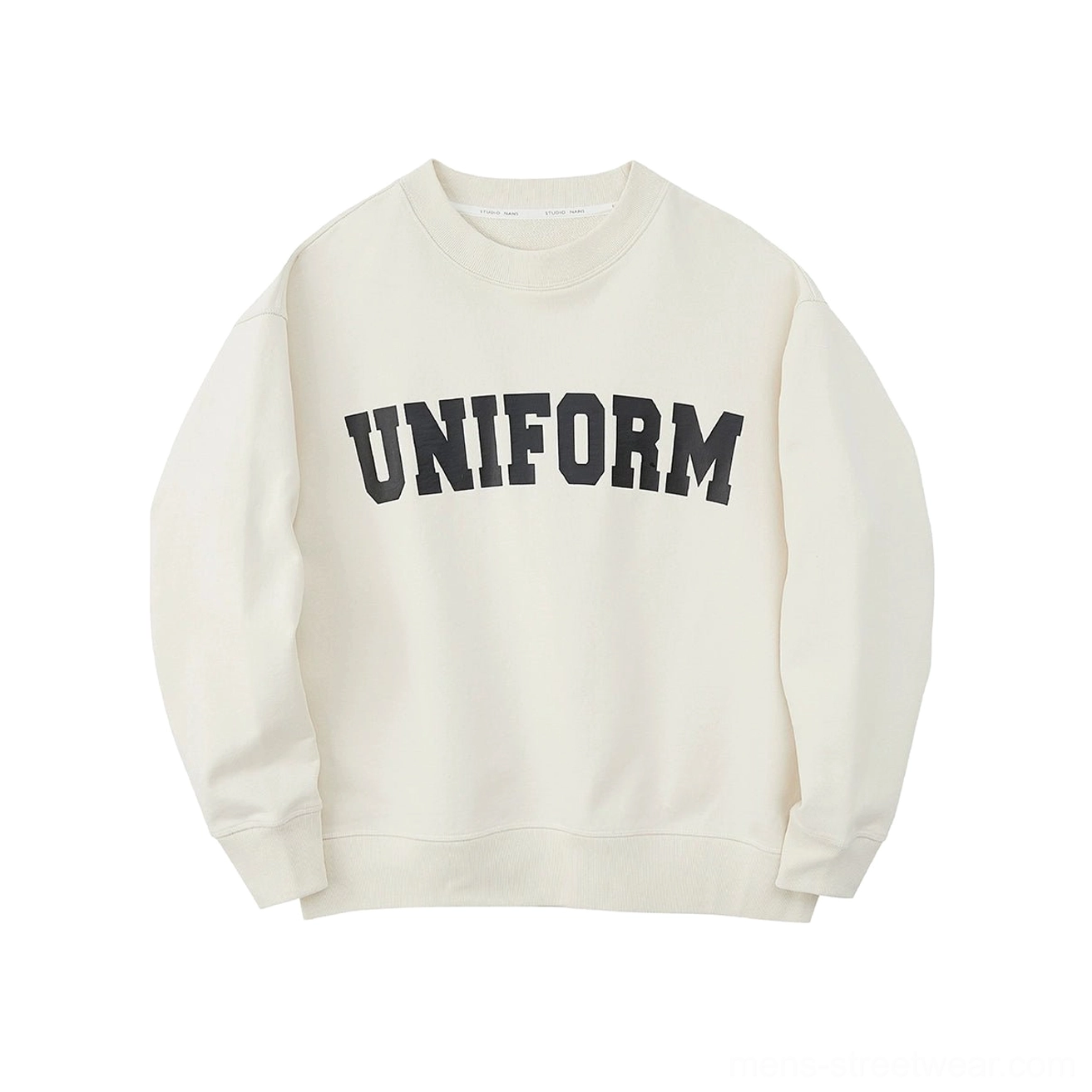 White UNIFORM graphic crewneck sweatshirt with relaxed streetwear fit and collegiate chest lettering