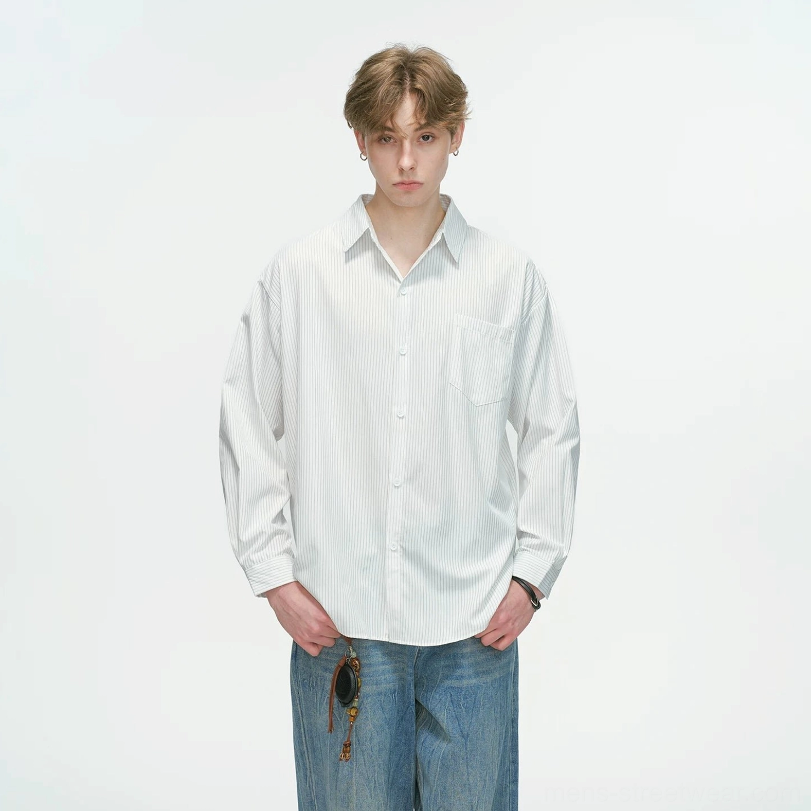 White vertical stripe relaxed overshirt variation for Korean streetwear outfits, casual layering, campus wear, and city styling