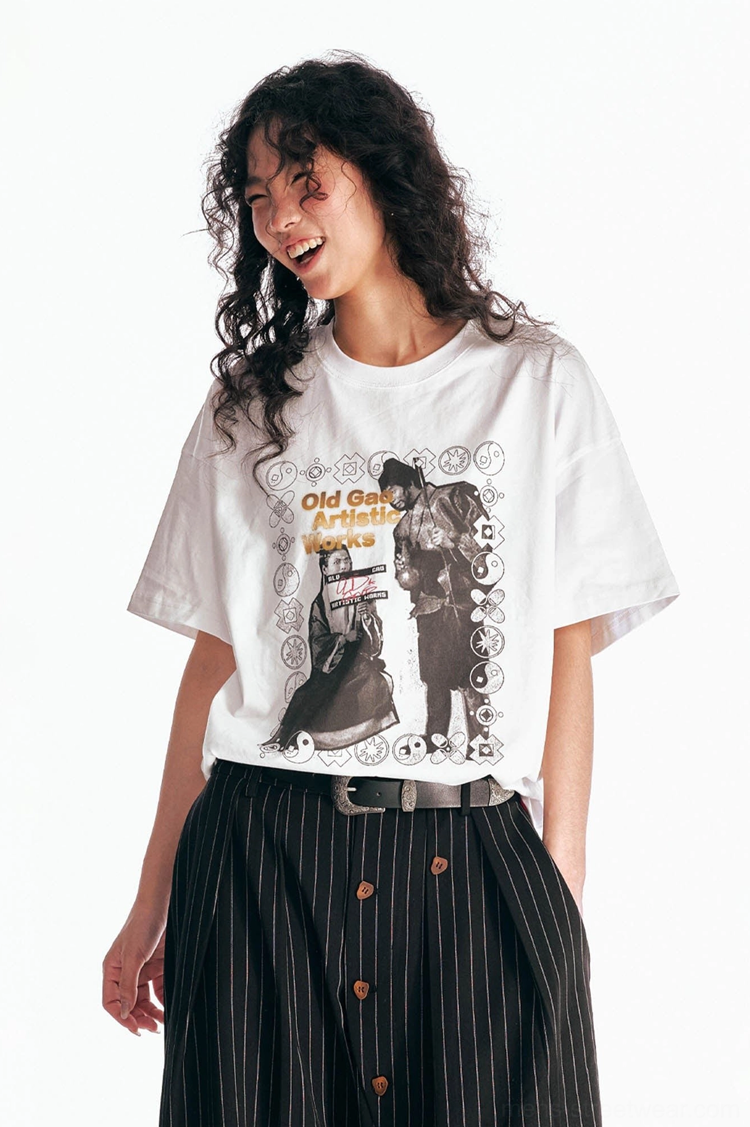 White vintage Hong Kong cinema poster T-shirt displayed in a full front view with a relaxed oversized streetwear silhouette