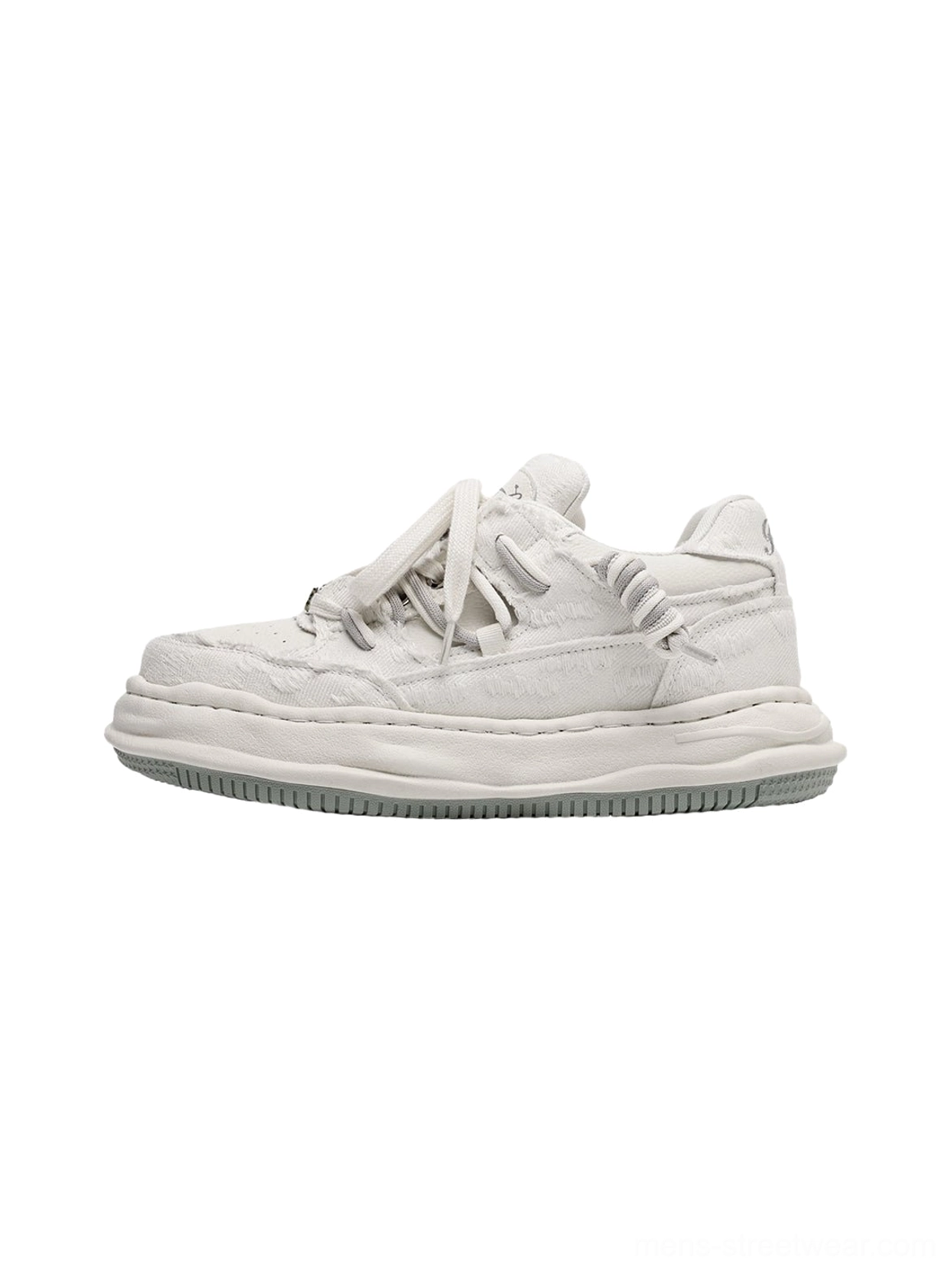 White vintage washed denim platform sneakers with retro streetwear silhouette, layered laces, and chunky sole