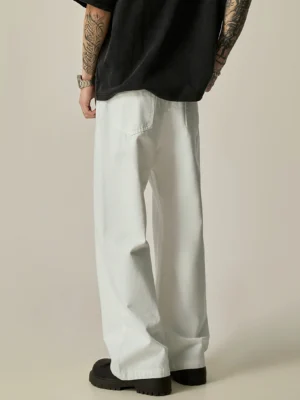 White wide-leg denim jeans back view showing relaxed straight silhouette and classic rear pockets
