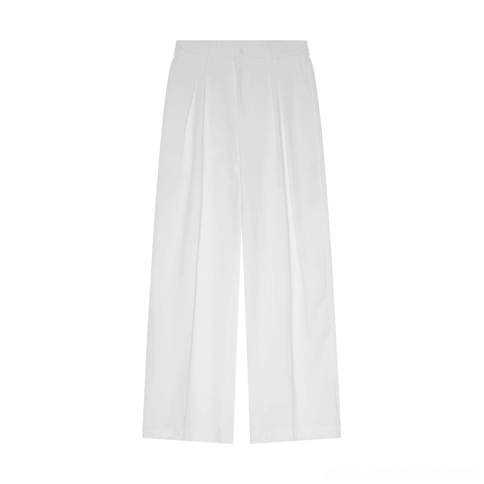 White wide-leg dress trousers flat lay with front pleats waistband button closure and clean modern Acubi fashion silhouette