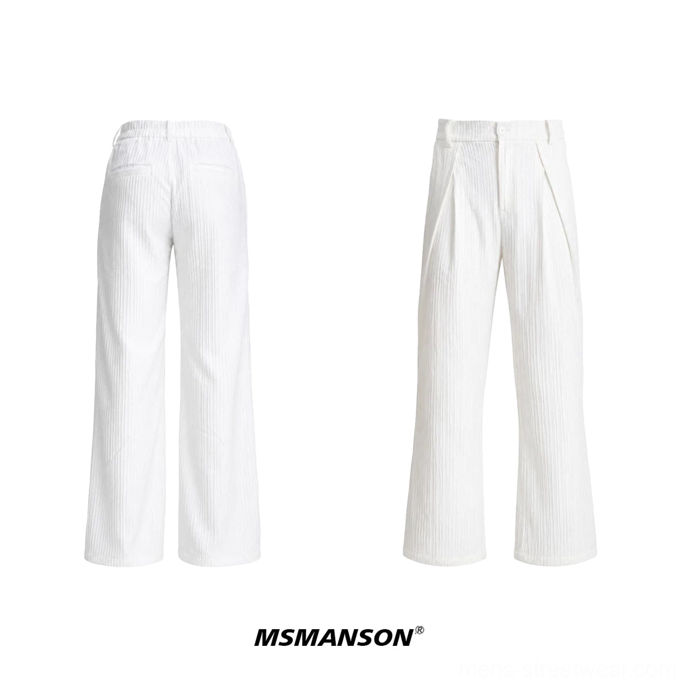 White wide-leg tailored streetwear trousers shown front and back with pleated waist and clean monochrome silhouette