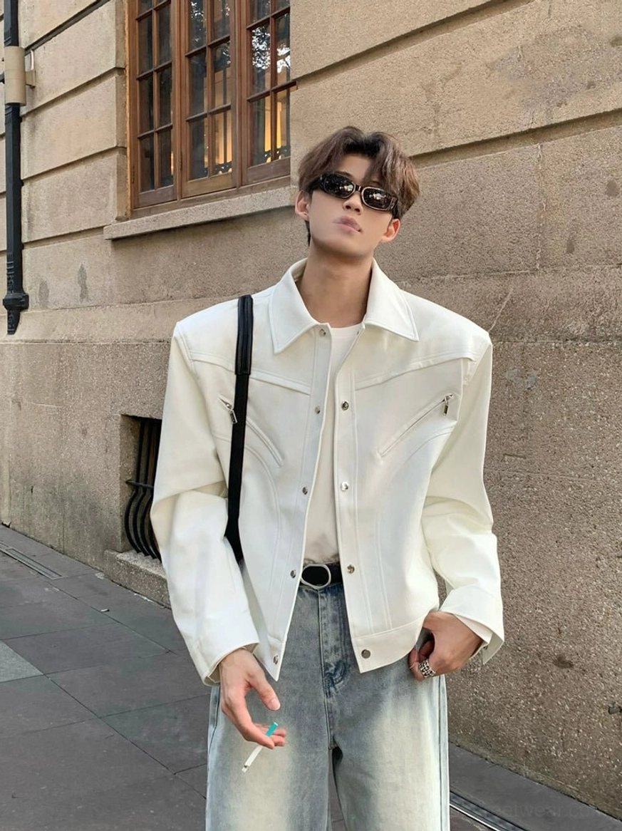 White wide-shoulder cropped denim jacket variant with a clean architectural silhouette for Korean streetwear outfits