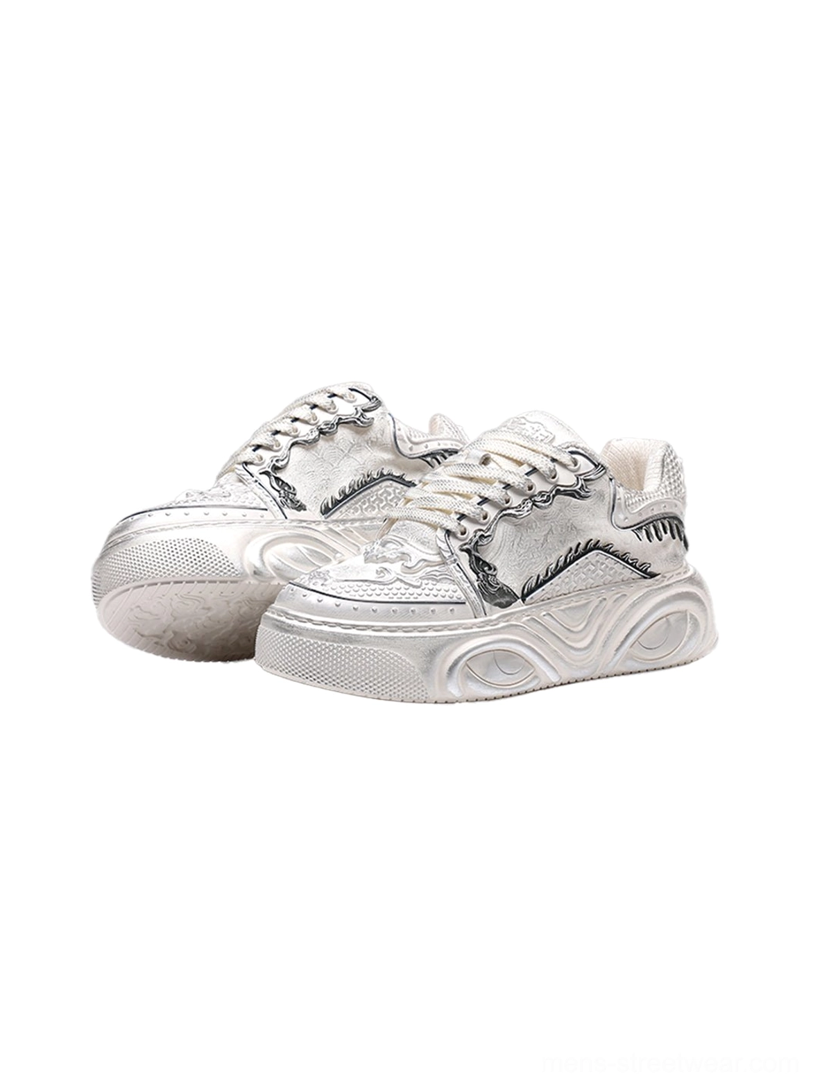 Front flat lay of distressed off-white Wukong-inspired platform sneakers with tonal stitching and low-profile chunky soles