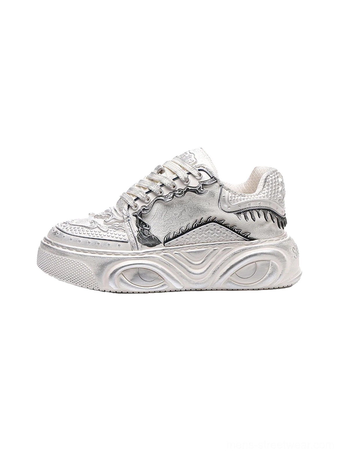White Wukong-inspired sculpted platform sneakers shown in a left profile product view with textured upper panels and wave-molded chunky soles