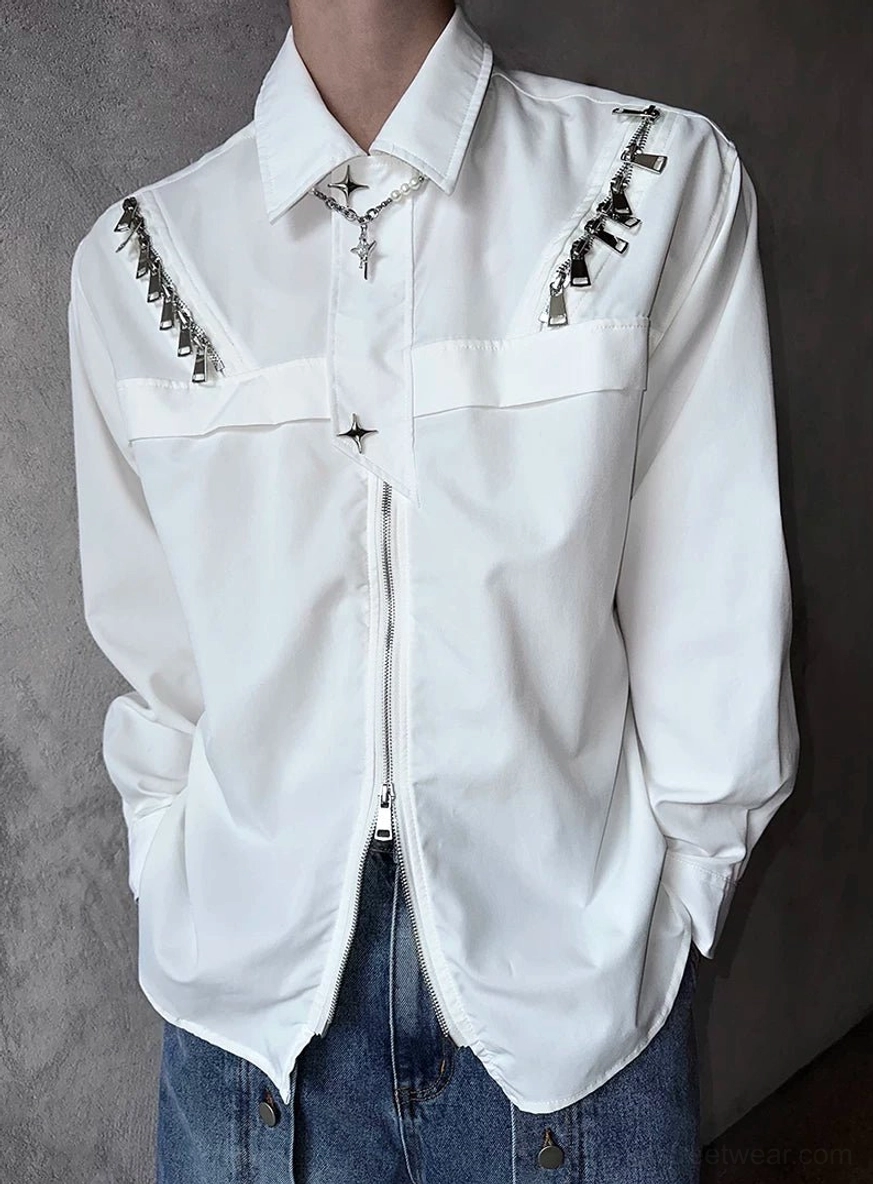 Close-up of white zip-cascade shirt jacket with symmetrical shoulder zipper trims and pointed collar