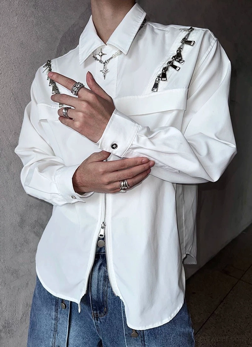 White zip-cascade long-sleeve shirt jacket showing button cuffs and metallic streetwear accessories