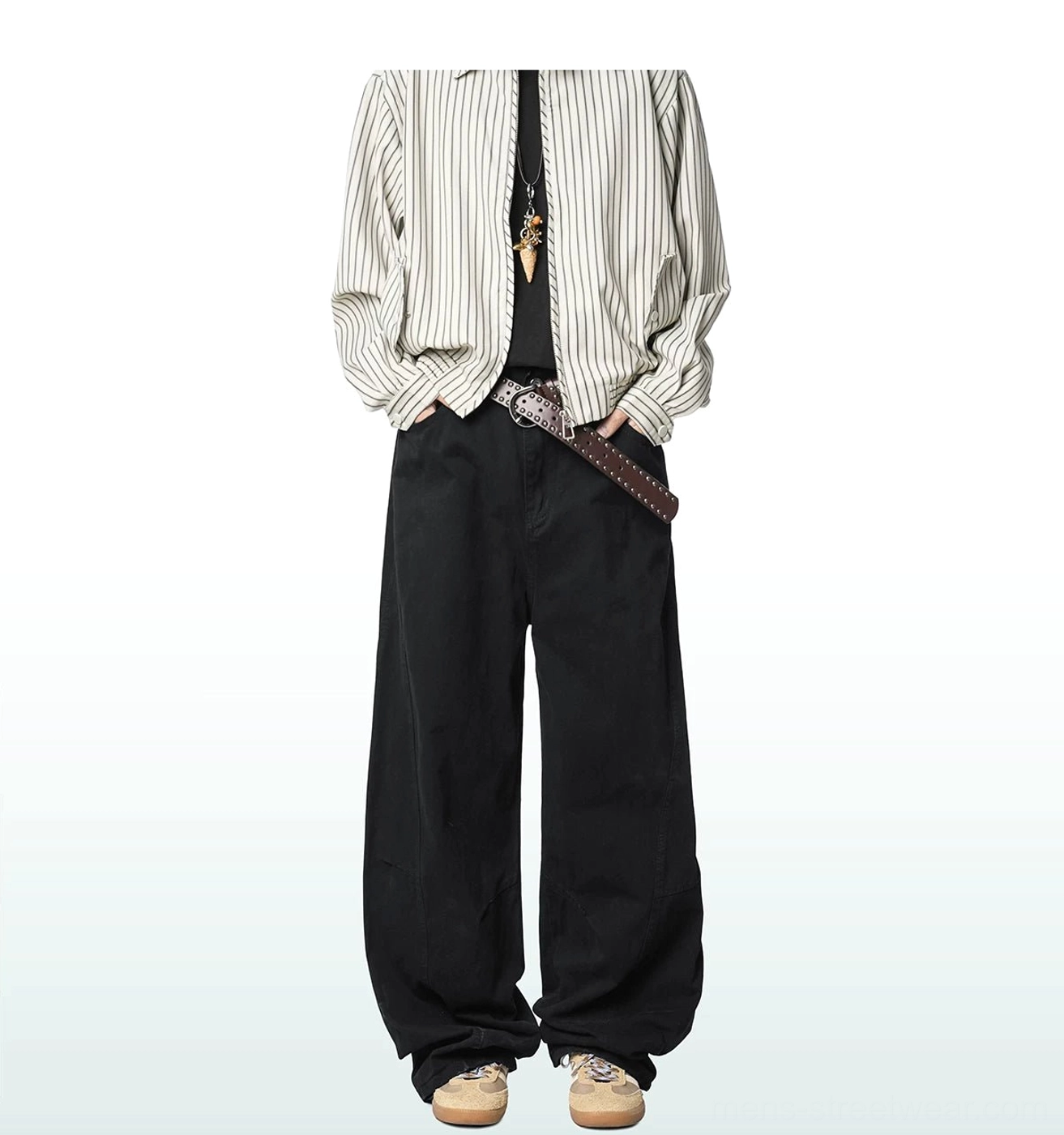 Wide-leg cotton cargo trousers styled as a contemporary Korean streetwear outfit, showing the relaxed full-leg silhouette and utility-inspired design