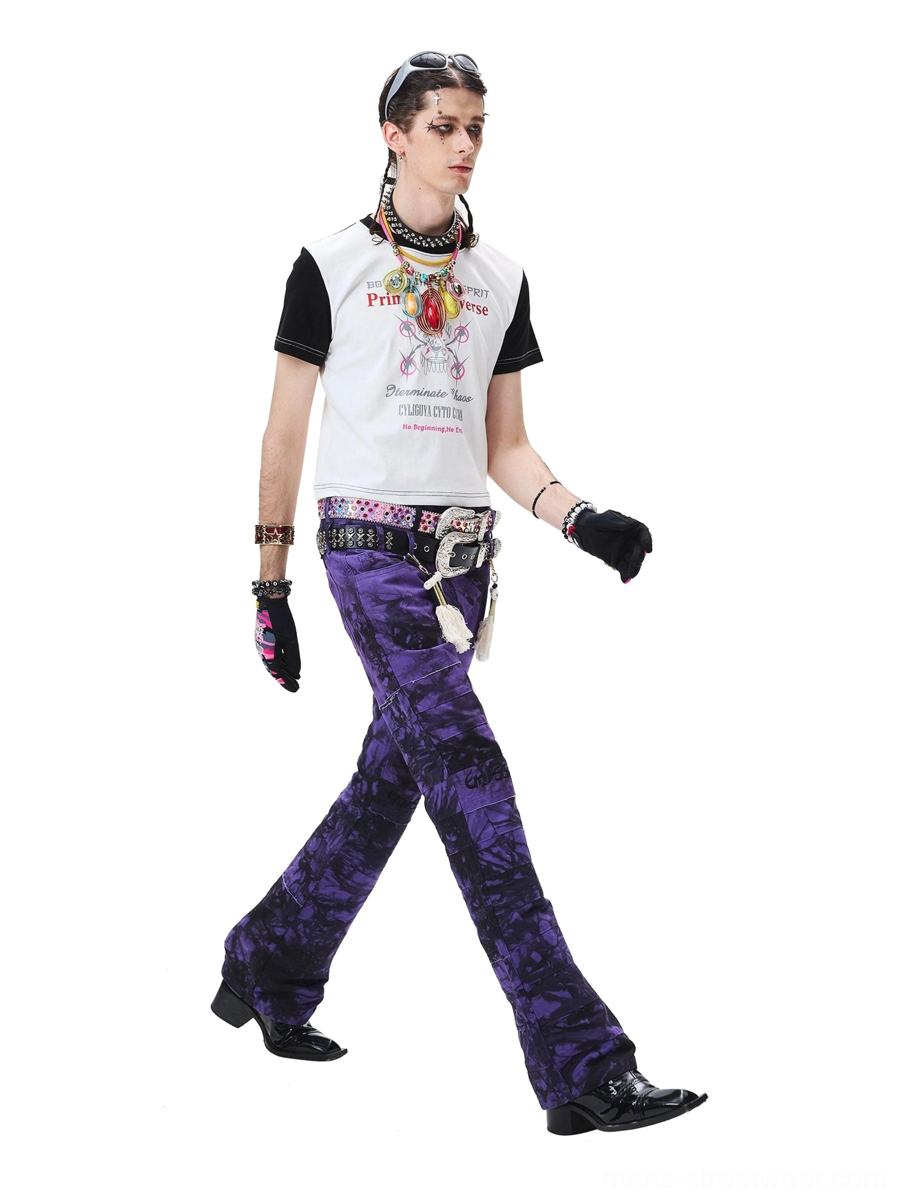 Wide-leg purple-black streetwear trousers designed for layered belts, chains, and decorative accessories