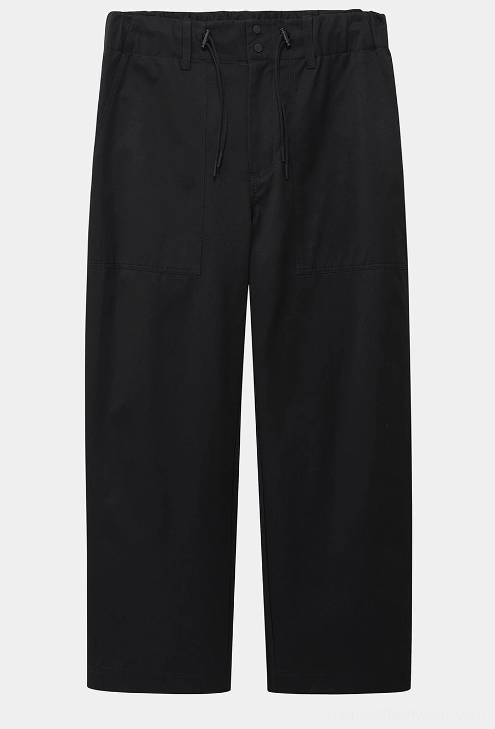 Black knee-length relaxed streetwear shorts with wide legs and functional pocket styling