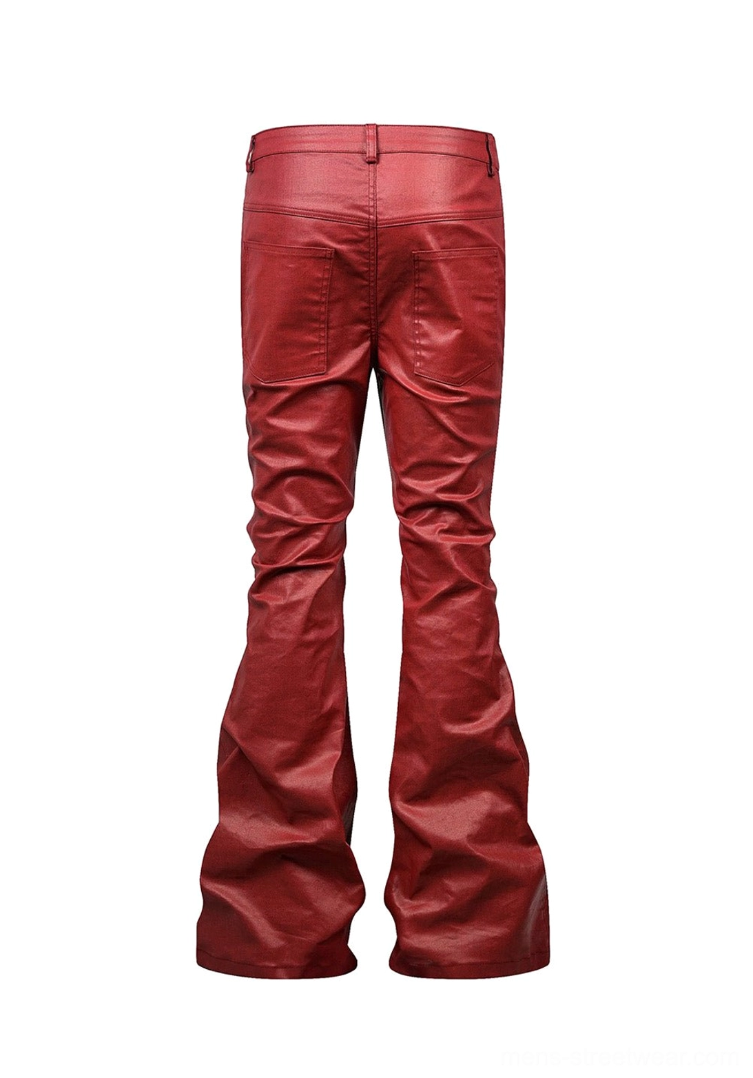 Back view of wine red liquid metal coated flare jeans with symmetrical rear patch pockets, standard denim waistband, and full-length flared leg design