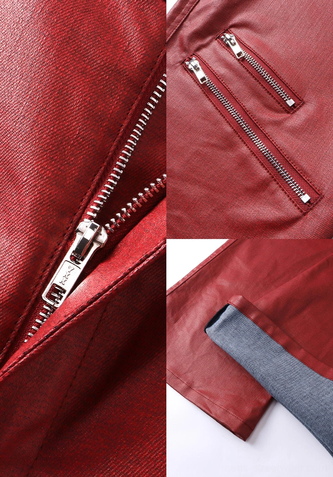 Close-up collage of wine red coated flare jeans featuring silver zipper components, metal waistband button, riveted pockets, decorative thigh zippers, and grey inner hem lining