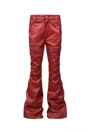 Front flat lay view of wine red liquid metal coated flare jeans with glossy waxed denim finish, silver thigh zipper pockets, button waistband, and exaggerated flared legs