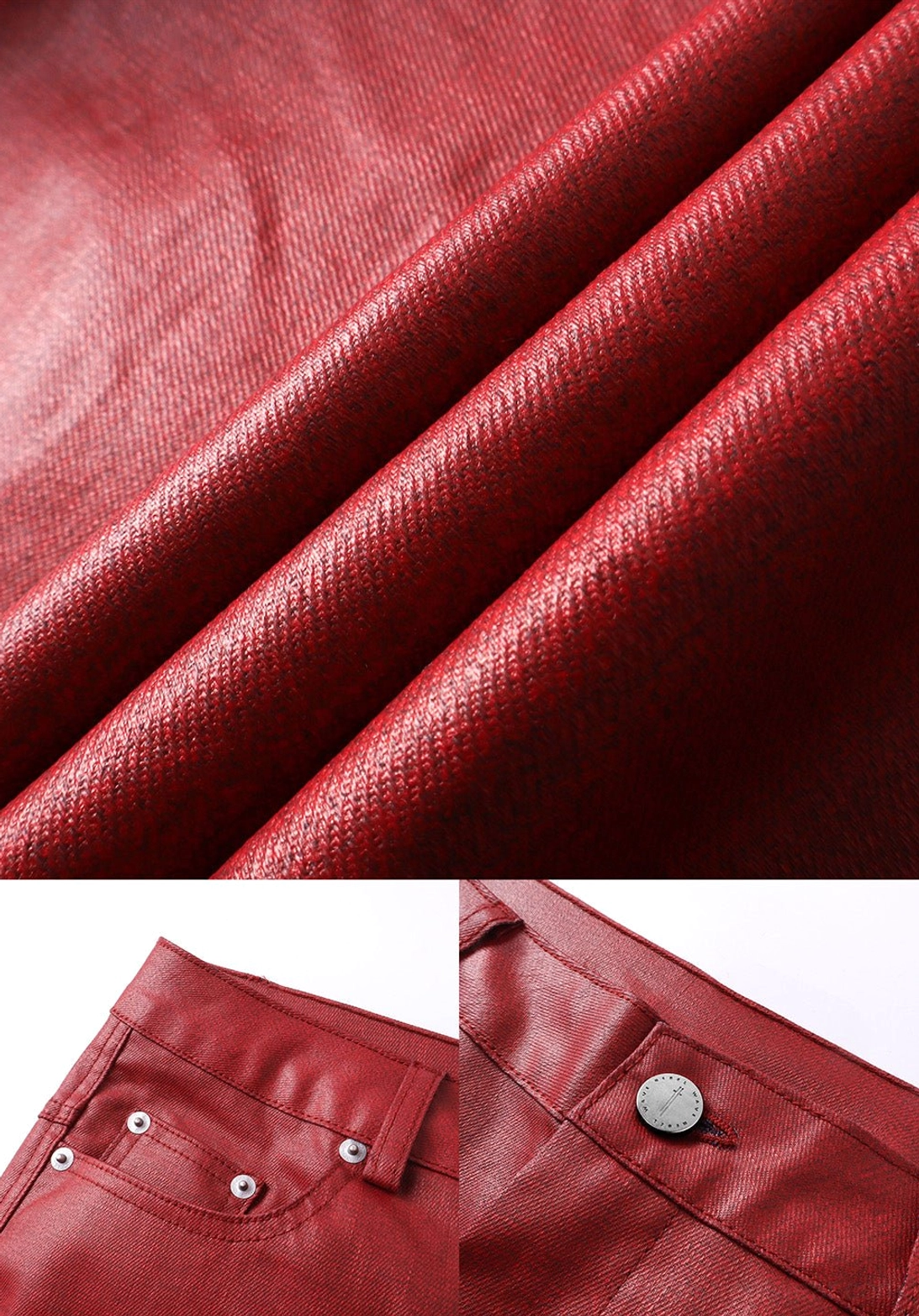 Macro close-up of wine red liquid metal coated waxed denim showing the woven fabric texture, glossy leather-like surface, and soft drape
