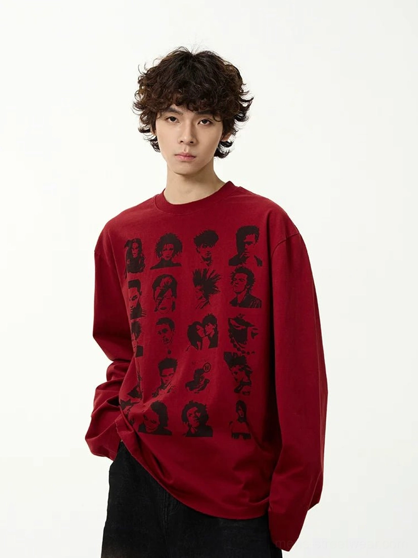 Wine red long sleeve streetwear tee featuring all-over black retro character portrait prints and a loose crew neck silhouette