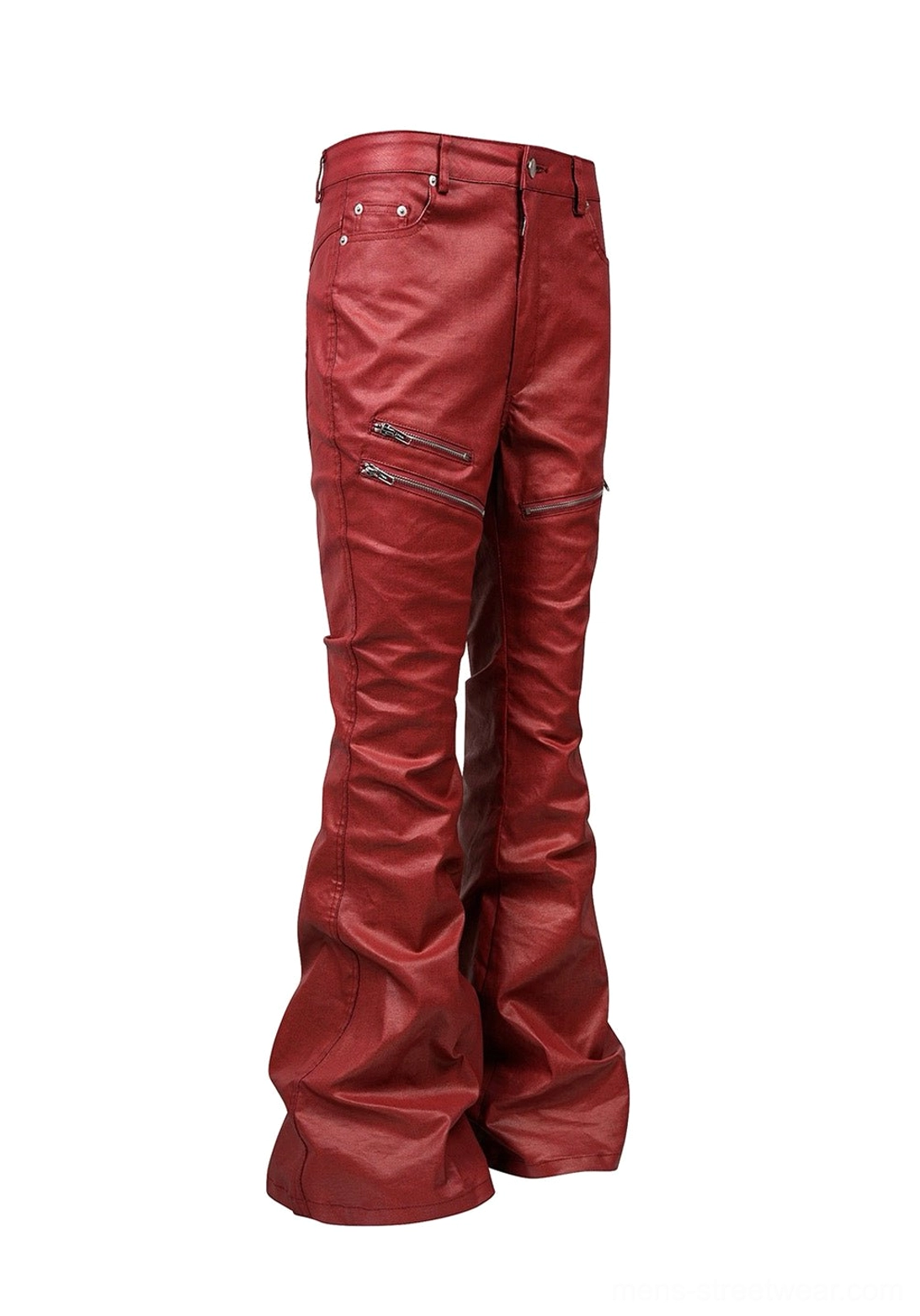Three-quarter flat lay detail of wine red waxed denim flare jeans showing thigh zipper pockets, glossy coated texture, classic waistband, and dramatic flared silhouette