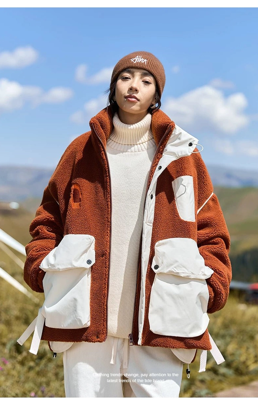 Winter sherpa streetwear jacket with high collar and oversized proportions for Korean-inspired layering