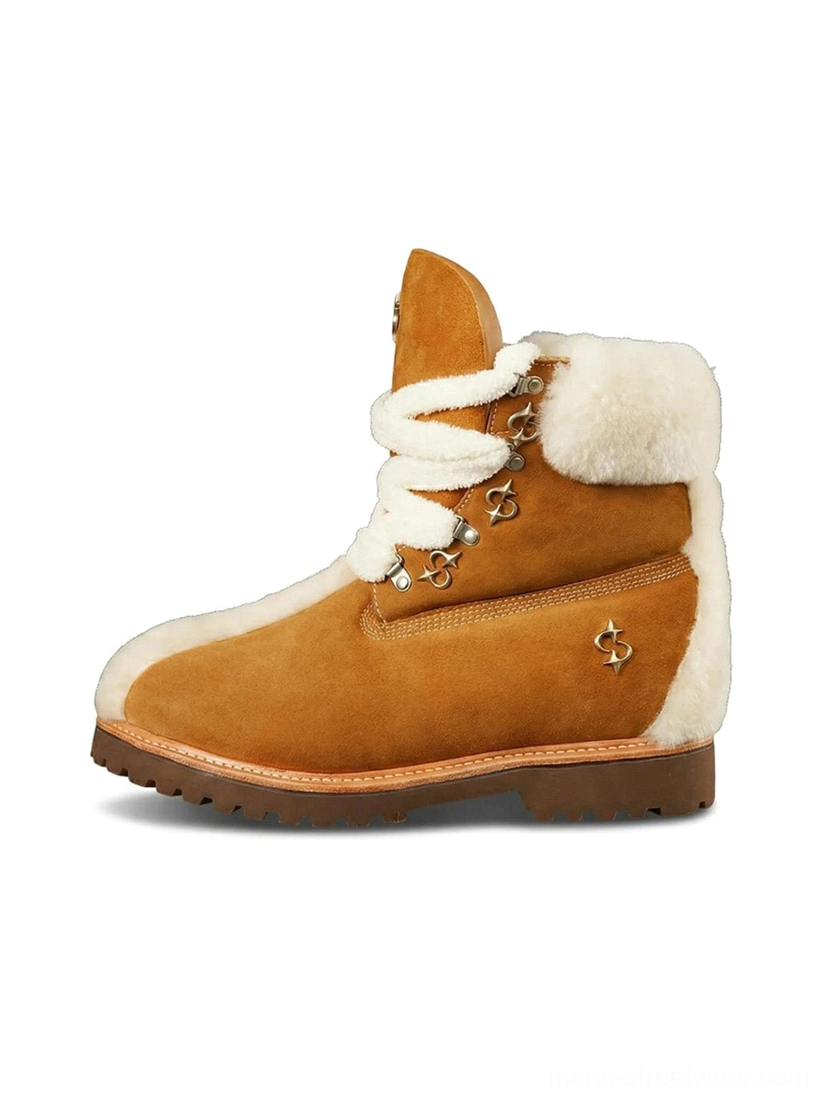 Yellow tan suede shearling-lined streetwear work boot with white fleece collar, oversized laces, metal eyelets, and thick lug sole side profile