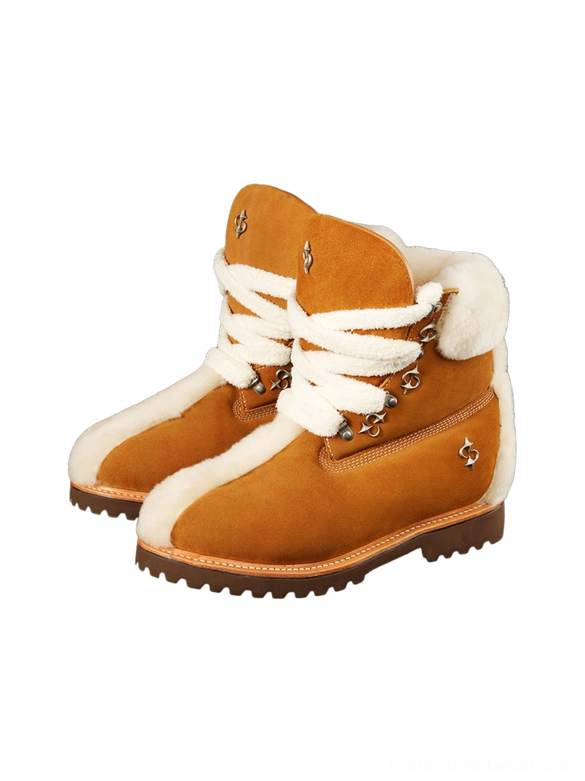 Pair of yellow tan suede shearling-lined work boots with white laces, fleece toe detail, metal eyelets, and rugged lug outsoles