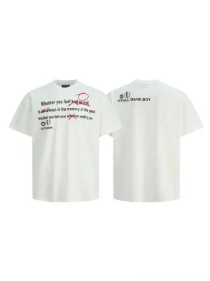 Flat lay front and back view of a white Korean streetwear graphic T-shirt with handwritten typography and red correction details