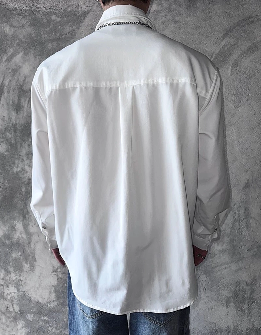 Back view of zip-cascade harness shirt jacket with clean shirt yoke and relaxed streetwear fit