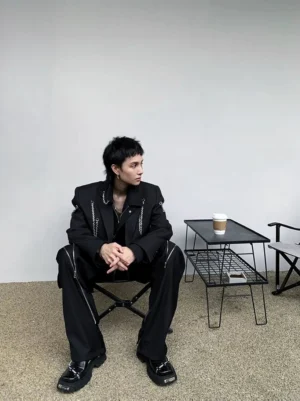 Black zip-cascade harness shirt jacket shown in a relaxed Korean punk streetwear outfit