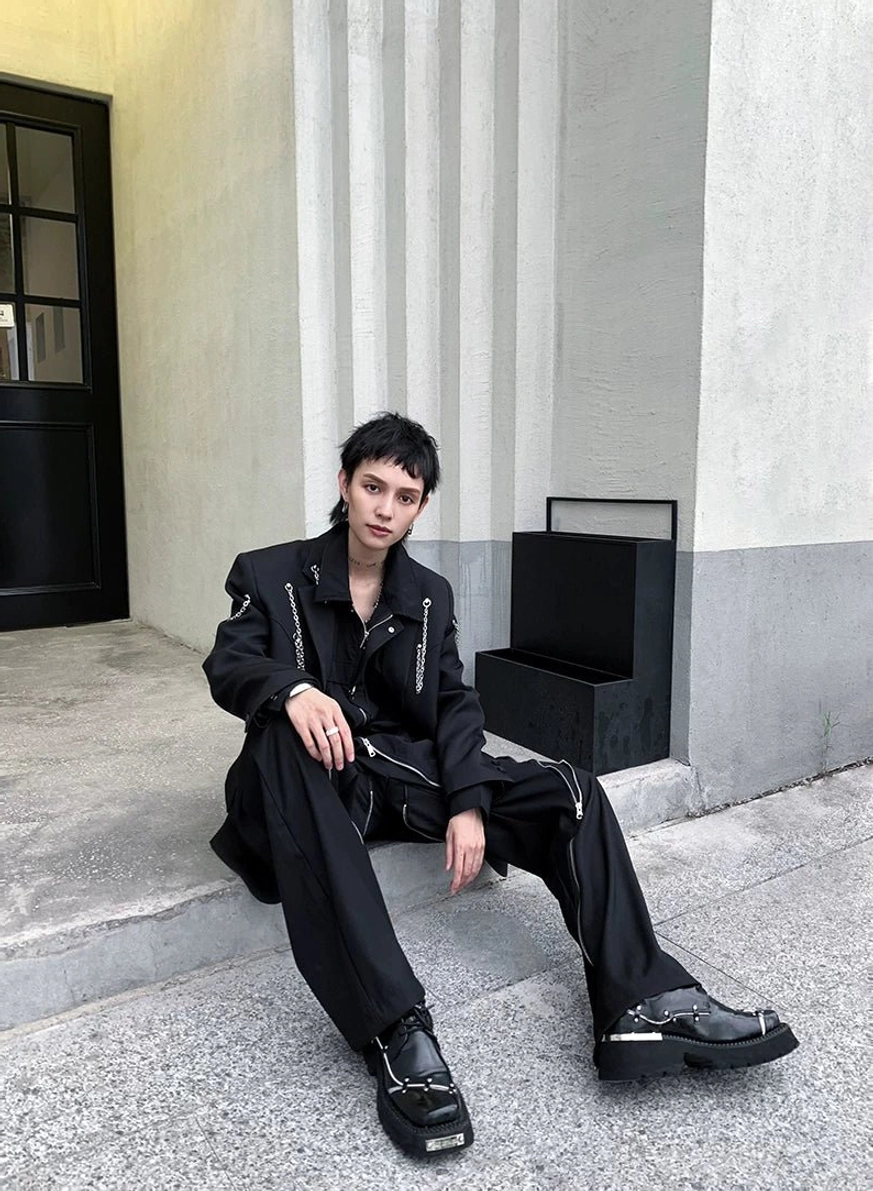 Zip-cascade harness shirt jacket product view highlighting Korean punk streetwear zipper detailing