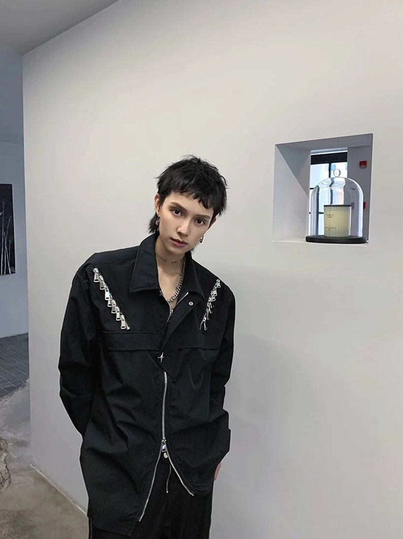 Zip-cascade harness shirt jacket styling reference with punk hardware and modern urban silhouette