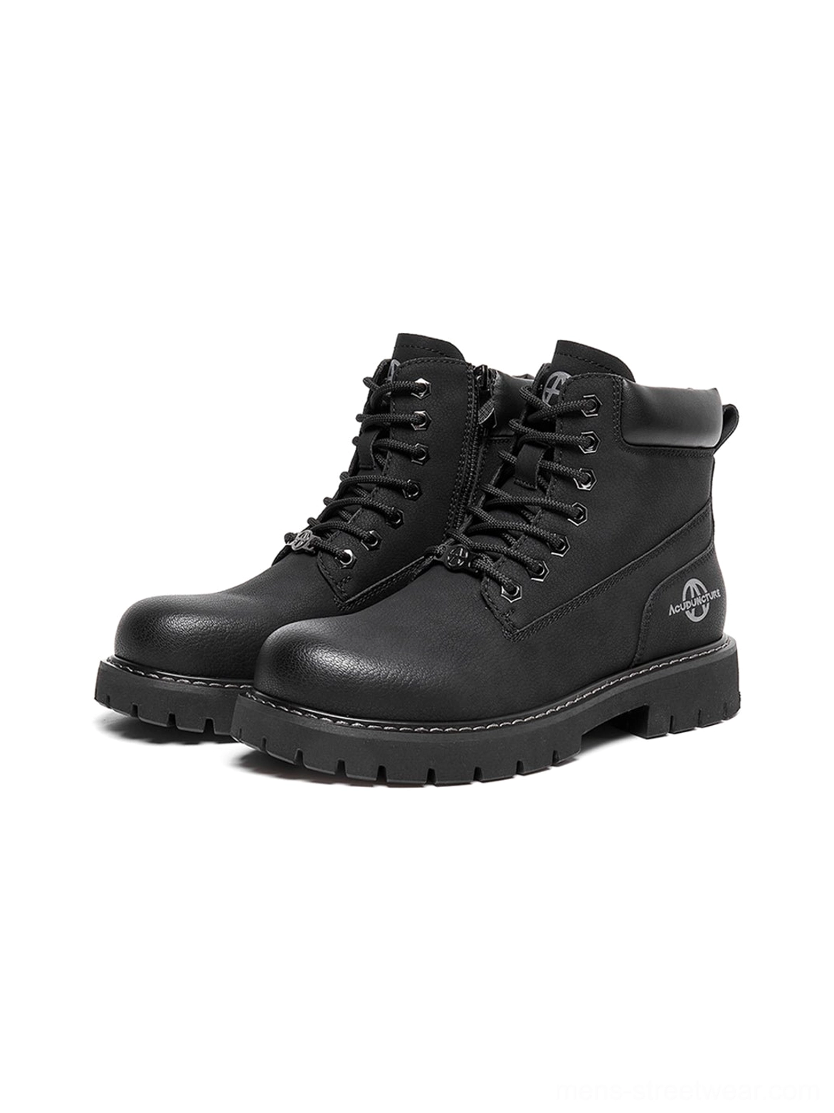 Zip-front lug sole boots with classic work ankle silhouette for gorpcore, techwear, and casual styling