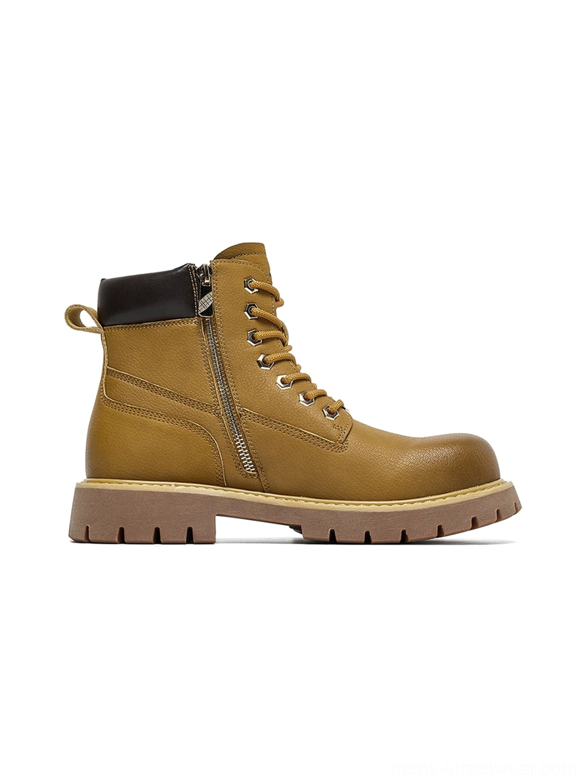 Zip-front work ankle boots with contrast lug rubber sole for urban utility fashion and everyday wear